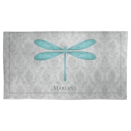 Aquamarin Dragonfly Damask Kissenbezug (Vorderseite)