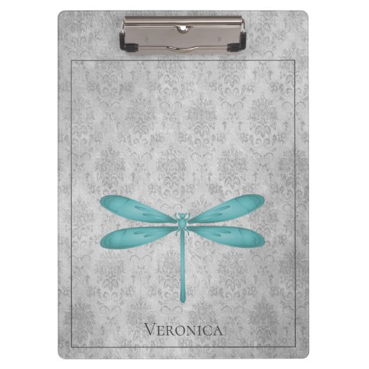 Aquamarin Dragonfly Damask Klemmbrett (Vorderseite)