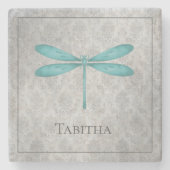 Aquamarin Dragonfly Damask Steinuntersetzer (Vorderseite)
