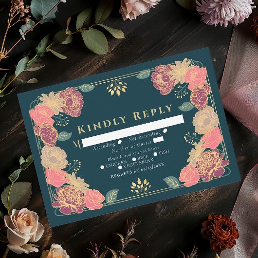 Aquamarin Fantasy Enchanted Flower Garden Wedding RSVP Karte