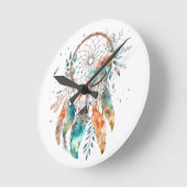 Aquamarin Feather Watercolor Dreamcatcher Runde Wanduhr (Winkel)