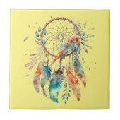 Aquamarin Feather Yellow Watercolor Dreamcatcher Fliese (Vorderseite)