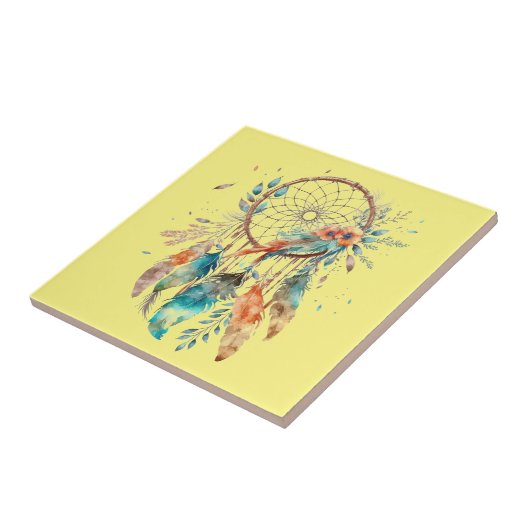 Aquamarin Feather Yellow Watercolor Dreamcatcher Fliese (Seite)