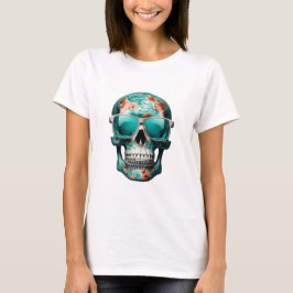 Aquamarin Floral 3D Toter Schädel mit Sonnenbrille T-Shirt