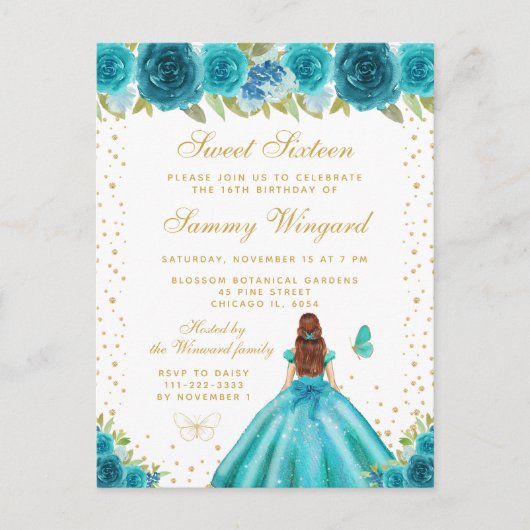 Aquamarin Floral Brown Hair Princess 16 . Geburtst Postkarte (Vorderseite)