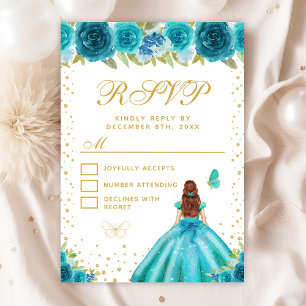 Aquamarin Floral Brown Hair Princess 16 . Geburtst RSVP Karte