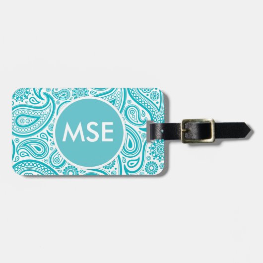 Aquamarin Floral Paisley Monogram Muster Gepäckanhänger (Vorderseite horizontal)