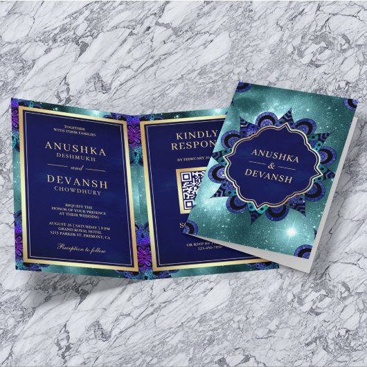 Aquamarin Galaxy Blue Mandala QR Code Indian Weddi Einladung