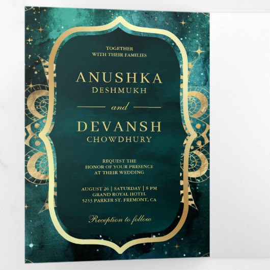 Aquamarin Galaxy Gold Mandala QR Code Indische Hoc Dreifach Gefaltete Einladung (Innen Erste Seite)