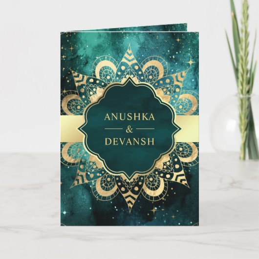 Aquamarin Galaxy Gold Mandala QR Code Indische Hoc Einladung (Vorderseite)