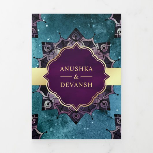 Aquamarin Galaxy Lila Mandala QR Code Indische Hoc Dreifach Gefaltete Einladung (Cover)