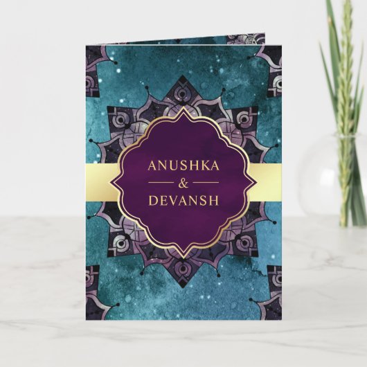 Aquamarin Galaxy Lila Mandala QR Code Indische Hoc Einladung (Vorderseite)