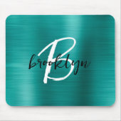 Aquamarin gebürstetes Schwarz-weißes Script Monogr Mousepad (Vorne)