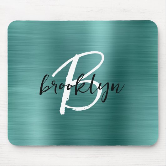 Aquamarin gebürstetes Schwarz-weißes Script Monogr Mousepad (Vorne)