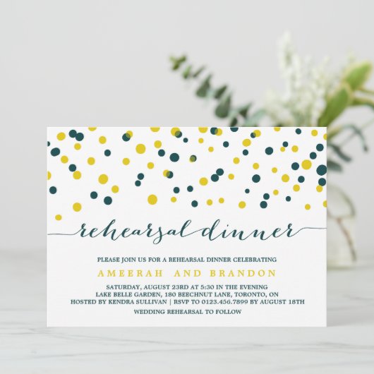 Aquamarin & gelb Confetti Dots Probe Abendessen Einladung (Stehend Vorderseite)