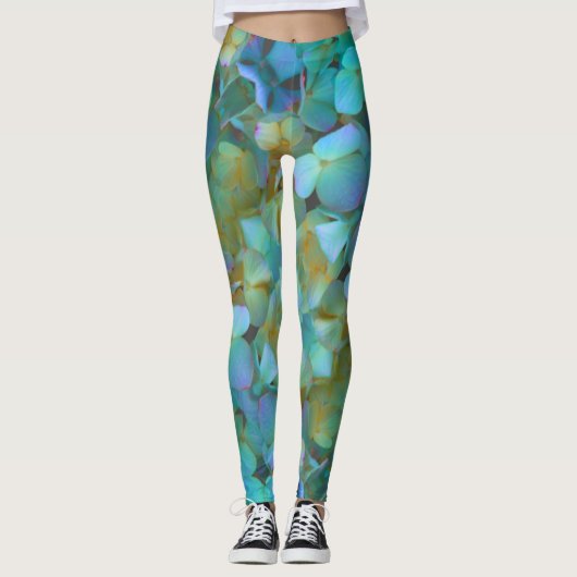 Aquamarin-gelb-rosa Hydrangeas Blume Leggings (Vorderseite)
