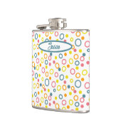 Aquamarin-gelb-rosa-orangefarbene Punkte Flachmann (Links)