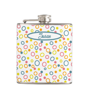 Aquamarin-gelb-rosa-orangefarbene Punkte Flachmann