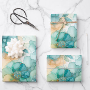 Aquamarin-gelbe Alkoholfarbe Illustration Großdruc Geschenkpapier Set