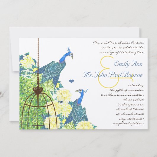 Aquamarin-Gelbe Vintage PfauenGeburtsheirat Einladung (Vorderseite)