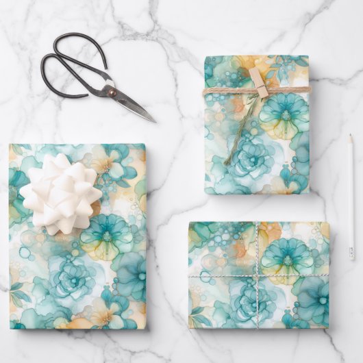 Aquamarin-gelbes Alkoholtupfer Tinte Illustration Geschenkpapier Set (Vorderseite)