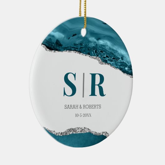 Aquamarin Geode Agate Paare Mit Monogramm Weihnach Keramik Ornament (Rechts)