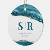 Aquamarin Geode Agate Paare Mit Monogramm Weihnach Keramik Ornament (Links)