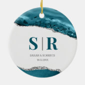 Aquamarin Geode Agate Paare Mit Monogramm Weihnach Keramik Ornament (Hinten)