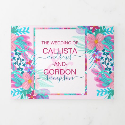 Aquamarin gestrichene Blume - Details zur Registri Dreifach Gefaltete Einladung (Cover)