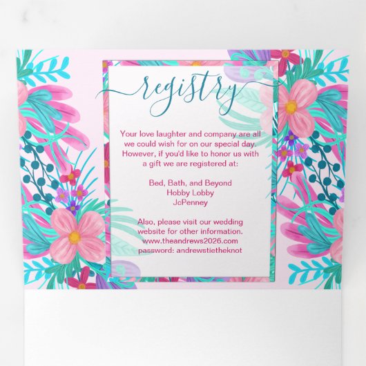 Aquamarin gestrichene Blume - Details zur Registri Dreifach Gefaltete Einladung (Innen Erste Seite)