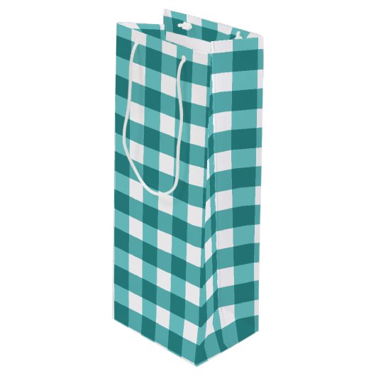 Aquamarin Gingham Geschenktüte Für Weinflaschen (Vorderseite Schrägansicht)