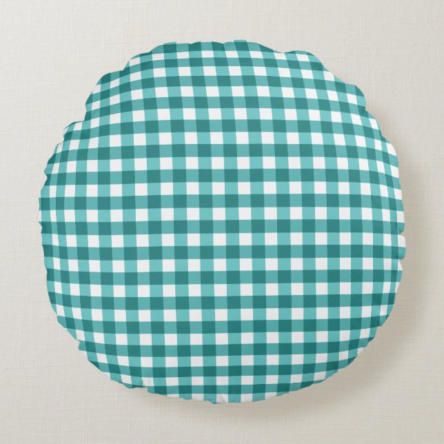 Aquamarin Gingham Rundes Kissen (Vorderseite)