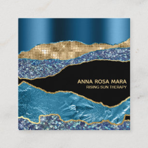 *~* Aquamarin Glam Agate Geode Gold Glitzer Black Quadratische Visitenkarte