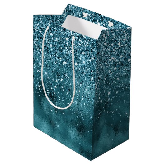 Aquamarin Glitz Glitzer Glam Mittlere Geschenktüte (Rückseite Schrägansicht)
