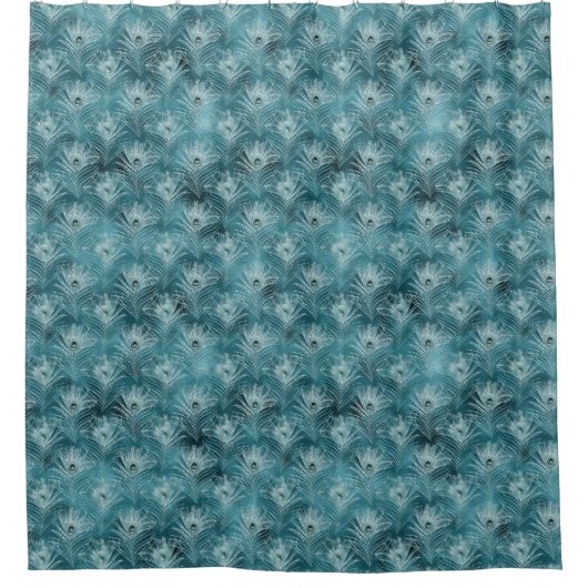 Aquamarin Glitzy Glam Peacock Feathers Duschvorhang (Vorderseite)