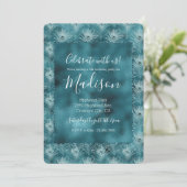 Aquamarin Glitzy Glam Peacock Feathers Einladung (Stehend Vorderseite)