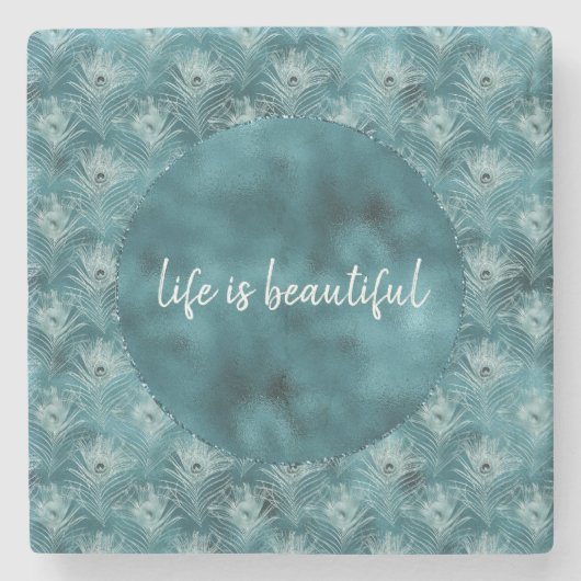 Aquamarin Glitzy Glam Peacock Feathers Steinuntersetzer (Vorderseite)