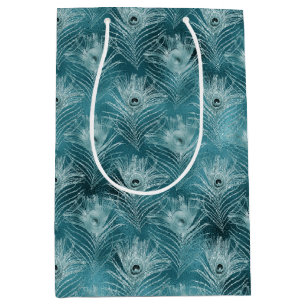 Aquamarin Glitzy Peacock Feathers Mittlere Geschenktüte