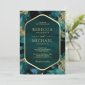 Aquamarin Gold Abstrakt Fluid Ink Foto Hochzeit Einladung (Stehend Vorderseite)