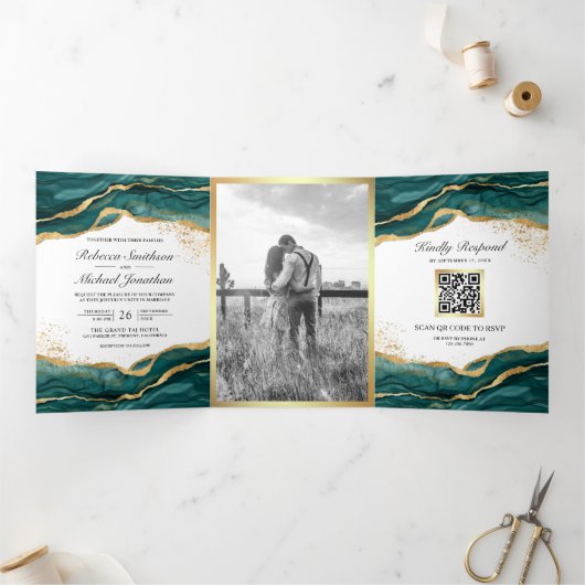Aquamarin Gold Abstrakte Tinte QR Code Hochzeit Dreifach Gefaltete Einladung (Innenseite)