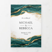 Aquamarin Gold Abstrakte Tinte QR Code Hochzeit Dreifach Gefaltete Einladung (Cover)