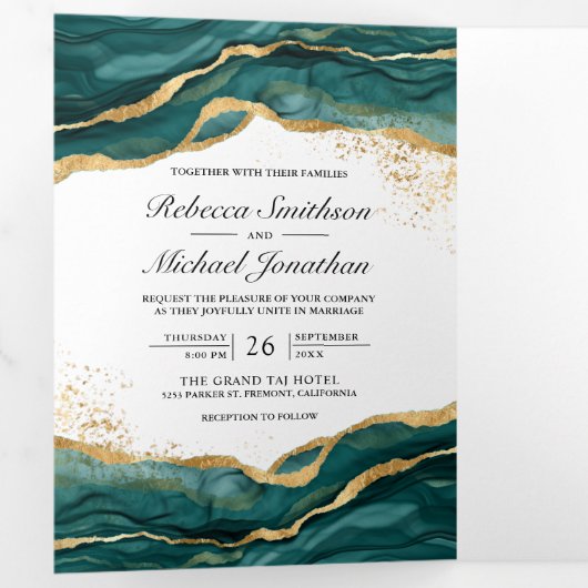Aquamarin Gold Abstrakte Tinte QR Code Hochzeit Dreifach Gefaltete Einladung (Innen Erste Seite)