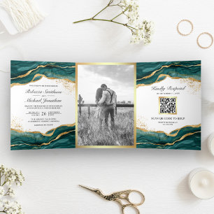 Aquamarin Gold Abstrakte Tinte QR Code Hochzeit Dreifach Gefaltete Einladung