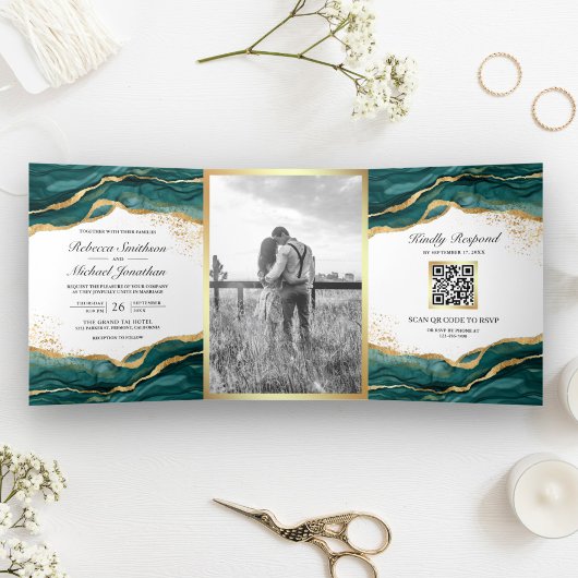 Aquamarin Gold Abstrakte Tinte QR Code Hochzeit Dreifach Gefaltete Einladung