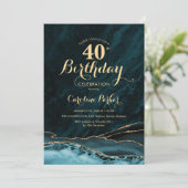 Aquamarin Gold Agate 40. Geburtstag Einladung (Stehend Vorderseite)