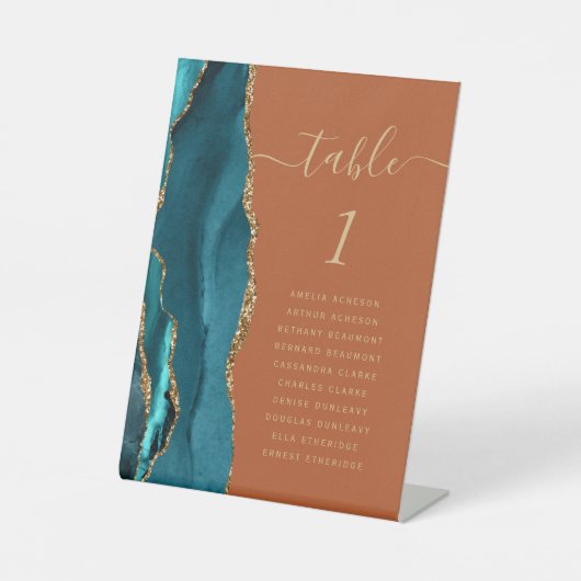 Aquamarin Gold Agate Burnt Orange Wedding Tischnum Sockelschild (Vorderseite)