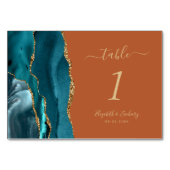 Aquamarin Gold Agate Burnt Orange Wedding Tischnummer (Rückseite)