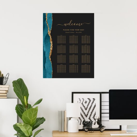 Aquamarin Gold Agate Dunkle 12-Tisch Hochzeitssitz Poster (Heimbüro)