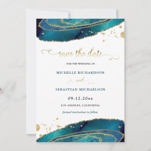 Aquamarin Gold Agate Foto Save the Date Einladung (Vorderseite)