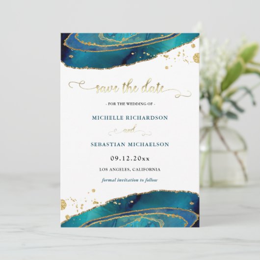Aquamarin Gold Agate Foto Save the Date Einladung (Stehend Vorderseite)